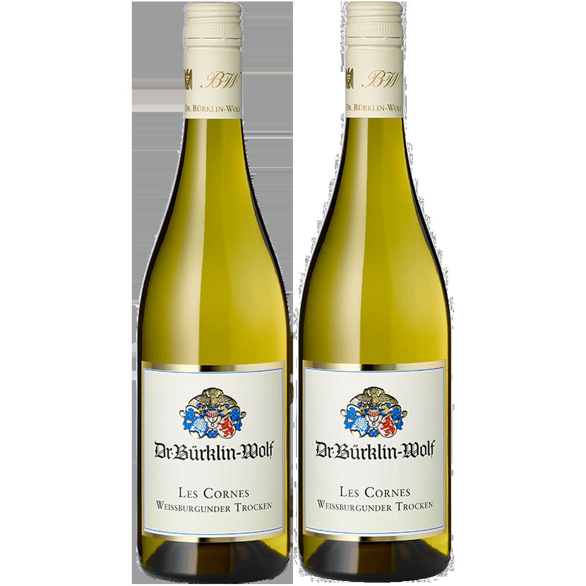 Zwei nebeneinander stehende Flaschen Weißwein des Weinguts Dr. Bürklin-Wolf mit weißen Etiketten, goldenen Kapseln und dem Etikettentitel 'Les Cornes Weissburgunder Trocken'. Die Flaschen befinden sich vor neutralem, weißem Hintergrund.