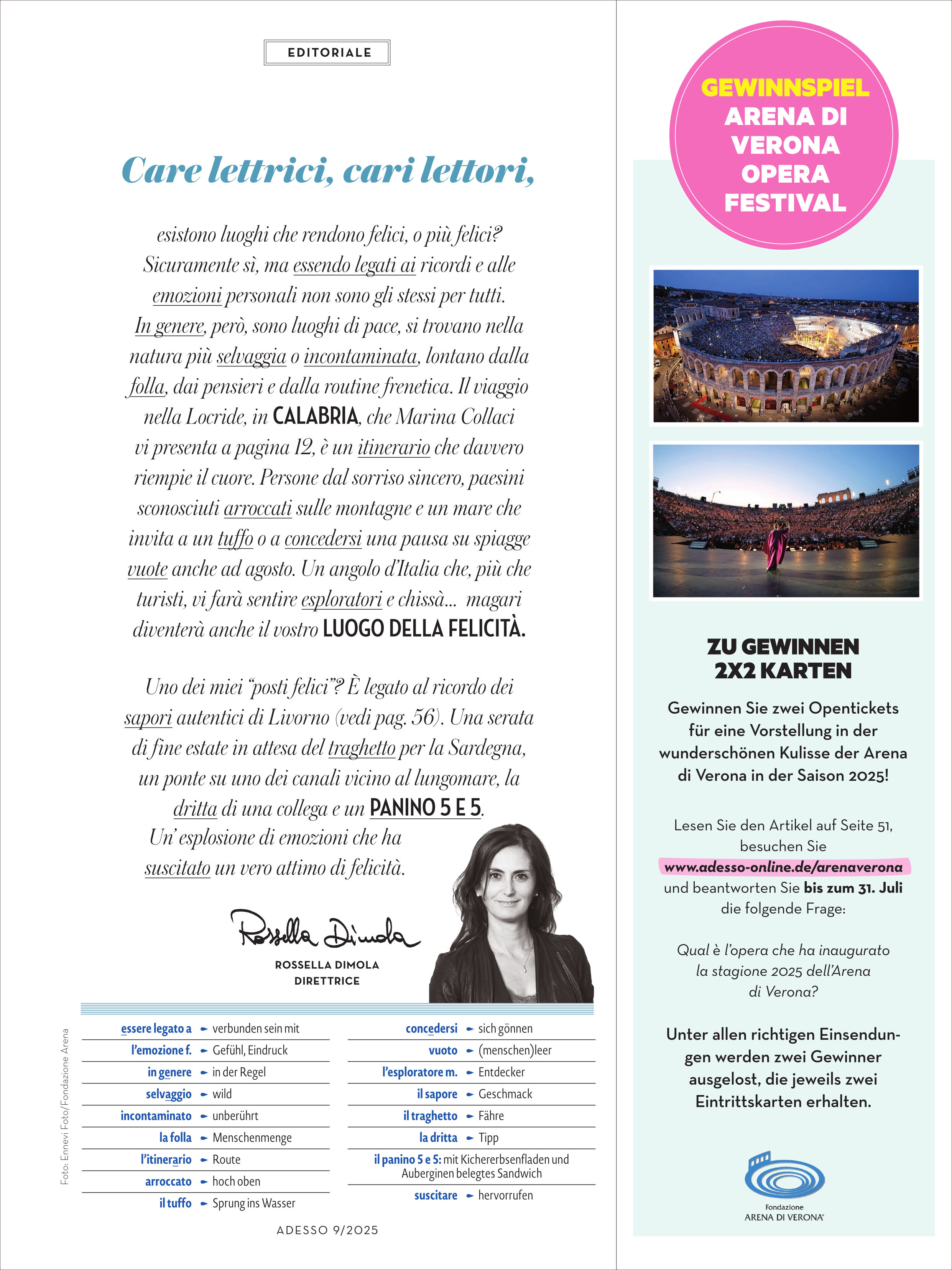 Titelblatt der Zeitschrift 'Adesso Magazin' Ausgabe 9/2025 mit Editorial in italienischer Sprache, Vorstellung eines Gewinnspiels für das Arena di Verona Opernfestival, Fotos von Open-Air-Bühnen, einem Vorstellungstext über regionale italienische Speisen, und Kontaktinformationen der Redaktion. Die Gestaltung zeigt einen Mix aus Text, Farbakzenten und Bildern, geeignet für kulturell Interessierte und Italienfans.