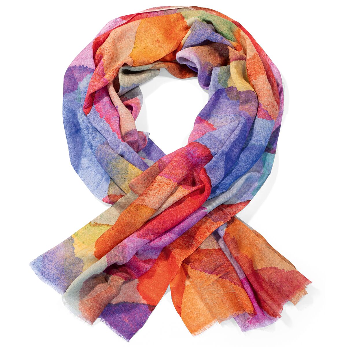 Großer, weich fallender Schal »Mia« aus feiner Wolle und Seide. Das Tuch zeigt ein lebendiges, abstraktes Design in kräftigen Farben wie Rot, Orange, Lila, Blau, Gelb und Grün. Die zarten Farbverläufe und das leichte Material wirken edel und modern. Maße ca. 180 x 70 cm.