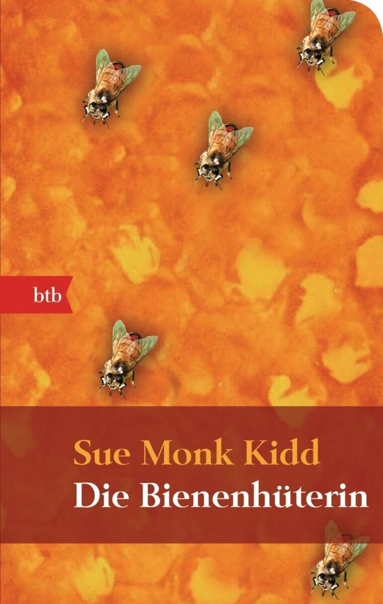 Das Bild zeigt das Buchcover des Romans 'Die Bienenhüterin' von Sue Monk Kidd. Der Hintergrund ist orange mit gelben Akzenten und zeigt mehrere Bienen. Der Titel des Buches ist in weißer Schrift auf einem roten Streifen geschrieben.