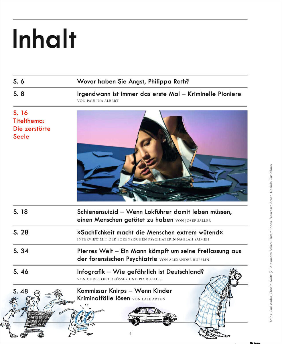 Cover des Magazins 'Zeit Verbrechen 25/24' mit Inhaltsverzeichnis auf der linken Seite und einem Foto einer Frau in der Mitte mit geschlossenen Augen. Unten sind Illustrationen von Menschen und einer Lokomotive zu sehen. Der Text auf dem Cover listet Artikel zu Themen wie Angst, kriminelle Pioniere, Schienensuizid, Narzissmus und kindliche Kriminalfälle auf.