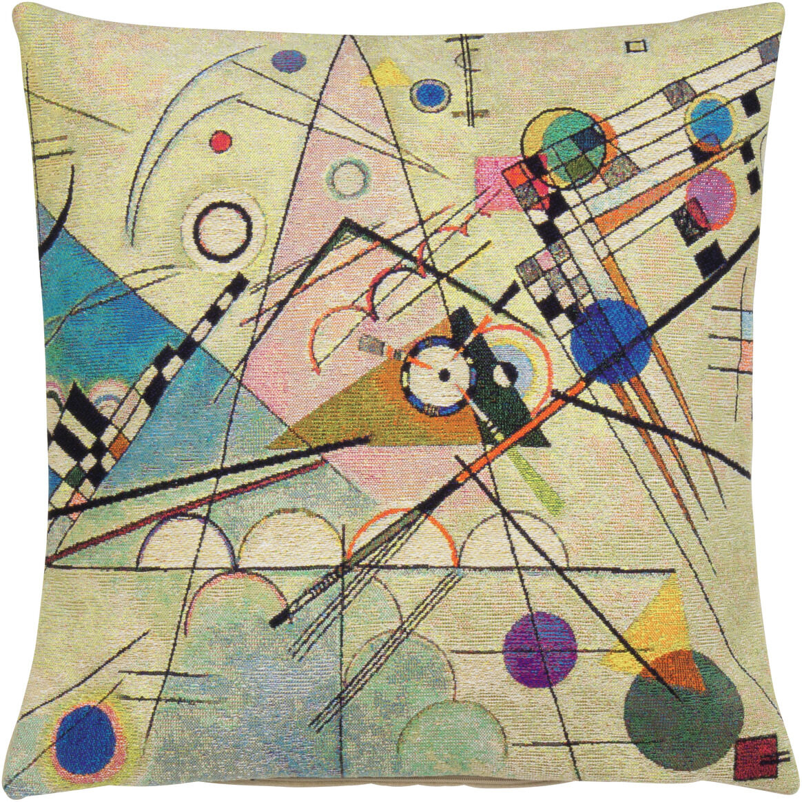 Ein dekoratives Kissen mit dem abstrakten Kunstwerk »Komposition VIII« von Wassily Kandinsky. Das Design zeigt geometrische Muster und farbenfrohe Formen in Blau, Gelb, Rot, Grün, Schwarz und Weiß.