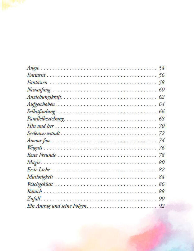 Eine Seite aus dem Buch »Lexikon der Liebe« mit einer Liste von Kapiteln und Seitenzahlen, die Themen wie Anziehungskraft und Magie der ersten Liebe behandeln. Im unteren Teil der Seite sind weiche, pastellfarbene Streifen in Rosa, Blau und Orange erkennbar.