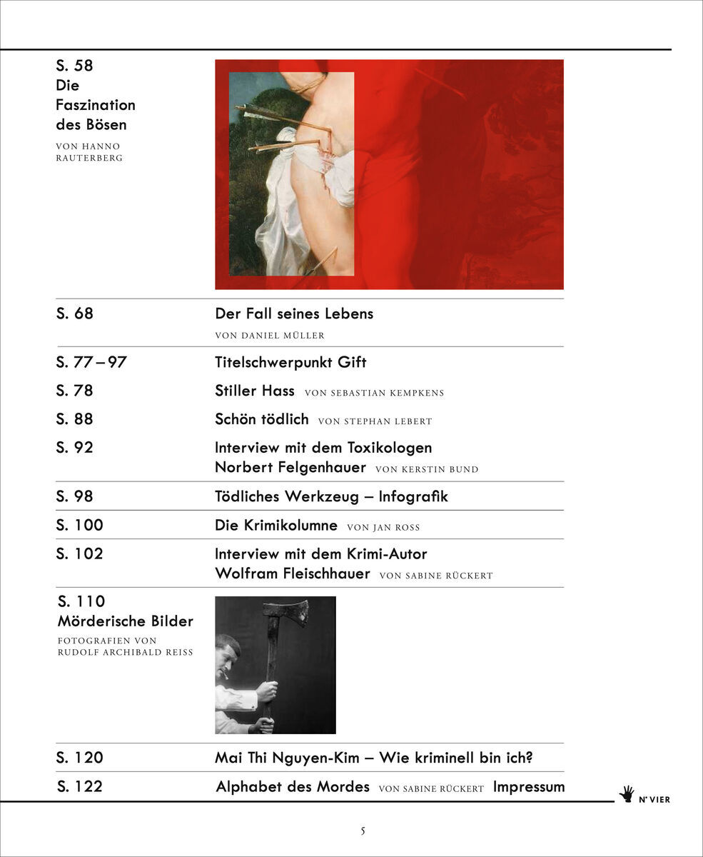 Das Bild zeigt das Titelblatt des Magazins 'ZEIT VERBRECHEN 4/19'. Es ist ein Inhaltsverzeichnis mit verschiedenen Artikeln und Interviews zu Kriminalfällen und Verbrechensthemen. Die Hauptfarben des Magazins sind Weiß, Schwarz und Rot.