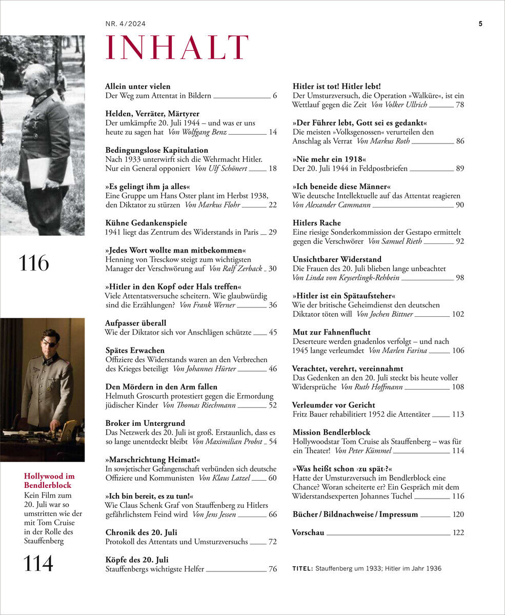 Das Bild zeigt die Inhaltsseite der Zeitschrift 'ZEIT GESCHICHTE 4/24 Widerstand', wobei verschiedene Artikel über den Widerstand gegen das Nazi-Regime und militärhistorische Themen erwähnt werden. Im unteren linken Bereich gibt es ein Schwarz-Weiß-Foto von Claus Schenk Graf von Stauffenberg und weitere Bilder von damaligen Ereignissen.