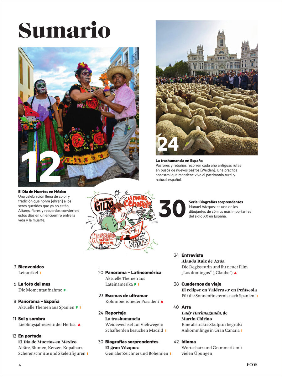 Inhaltsseite des spanischen Sprachmagazins Ecos mit Überschrift „Sumario“. Fotos zeigen eine farbenfrohe Festgruppe, ein großflächiges Bild mit Schafherde vor einem historischen Gebäude und eine gezeichnete Comicfigur. Darunter stehen Themen und Seitenzahlen, darunter Weinrouten, Bolivien, Pimentón und Sara Montiel.