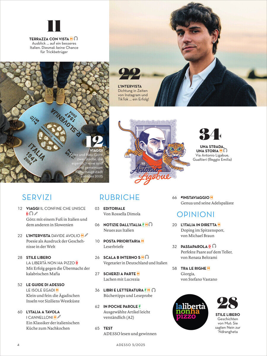 Das Cover des Adesso Magazin 5/2025 zeigt eine Mischung aus Interviews, kulturellen Themen und stilvollen Bildern. Ein junger Mann im formellen Outfit, eine künstlerische Illustration und Informationen zum Inhalt der Ausgabe sind zu sehen. Die Farben sind überwiegend Weiß, Schwarz, Blau, Orange und Rot.