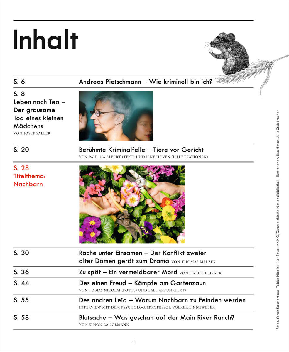 Inhaltsverzeichnis des Magazins ZEIT VERBRECHEN 19/23 mit Themen zu verschiedenen Kriminalfällen, illustriert mit Bildern und Texten.