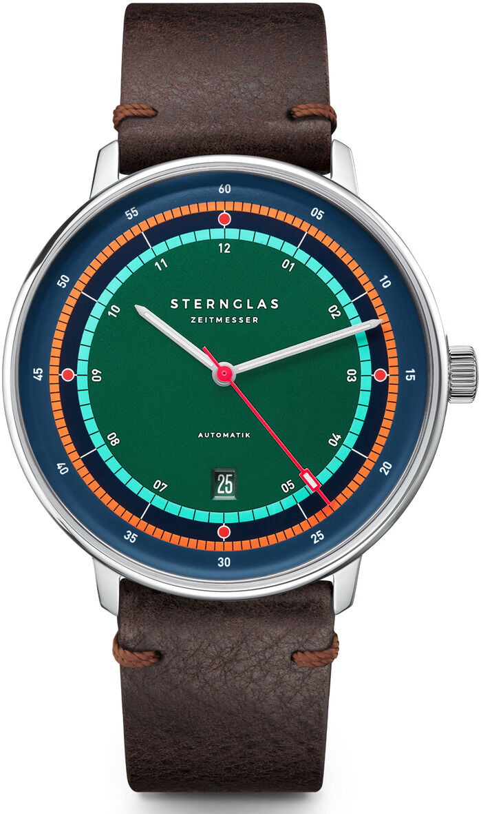 Bild einer Automatikuhr der Sonderedition Hamburg von ZEIT, mit grün-blauem Zifferblatt, Lederarmband und silbernem Gehäuse.