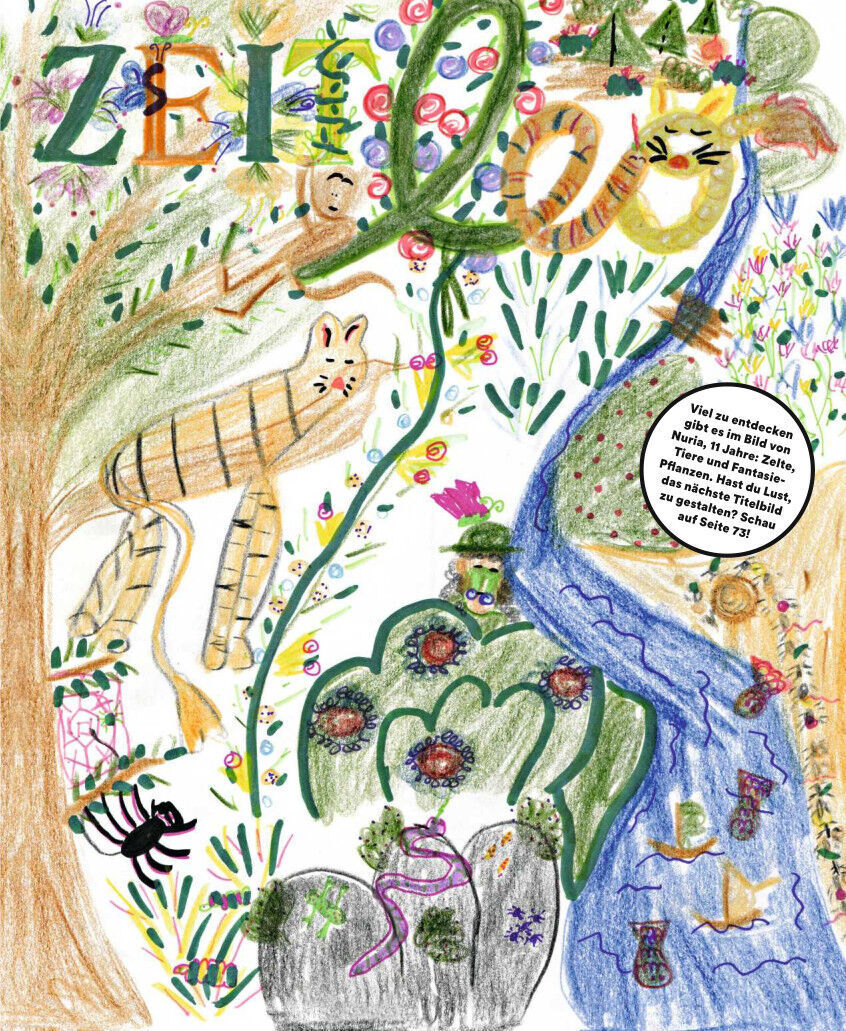 Bunt gezeichnetes Titelbild der Kinderzeitschrift ZEIT LEO 6/22 mit Dschungelmotiv. Verschiedene Tiere und Pflanzen sind zu sehen, wie ein Tiger, eine Schlange und bunte Blumen. Auf dem Titel steht 'Viel zu entdecken gibt es in Bild von Nina, 8, aus der vierten Klasse.'