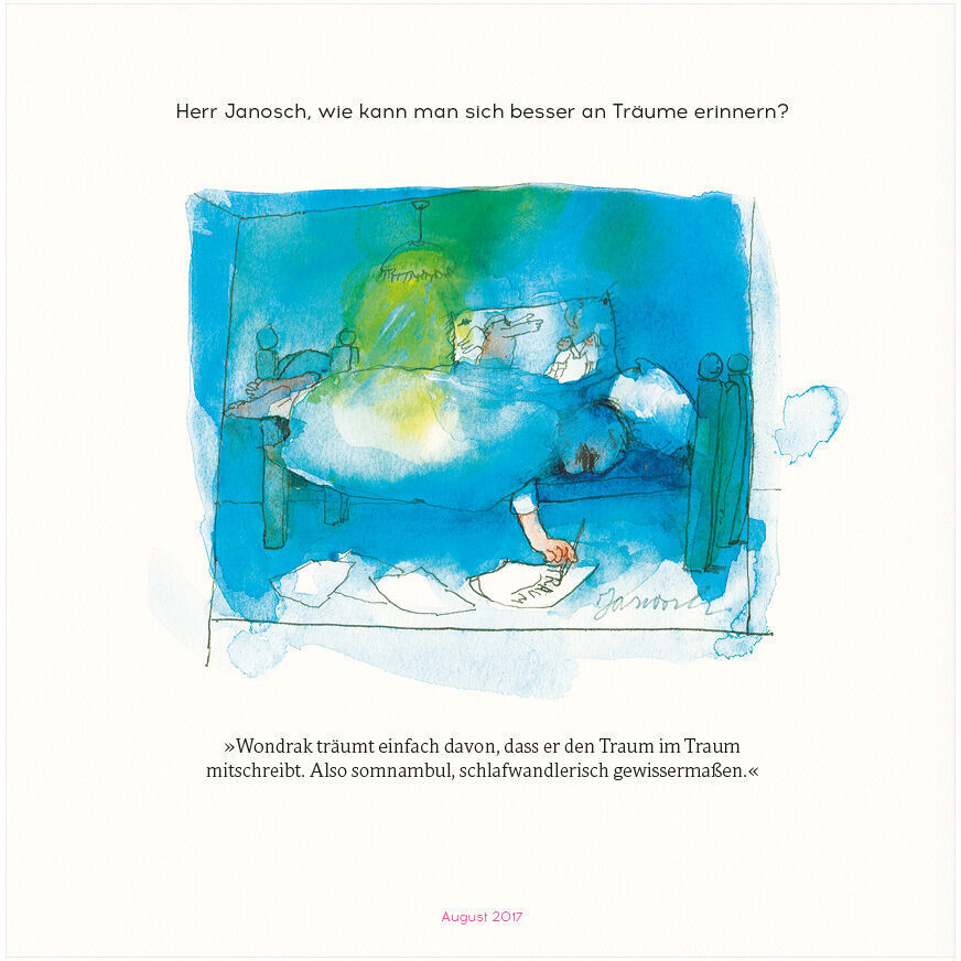 Ein Aquarellbild aus dem Buch 'Janosch: Herr Wondrak, wie kommt man durchs Leben?'. Im Bild sieht man Herrn Wondrak mit einer Lampe, die über einem Traumwolkenbett schwebt. Der Hintergrund ist in blauen Farbtönen gehalten, während andere Elemente in Weiß, Grün und Gelb koloriert sind. Diese Illustrationen verleihen dem Buch eine fantasievolle und träumerische Atmosphäre.