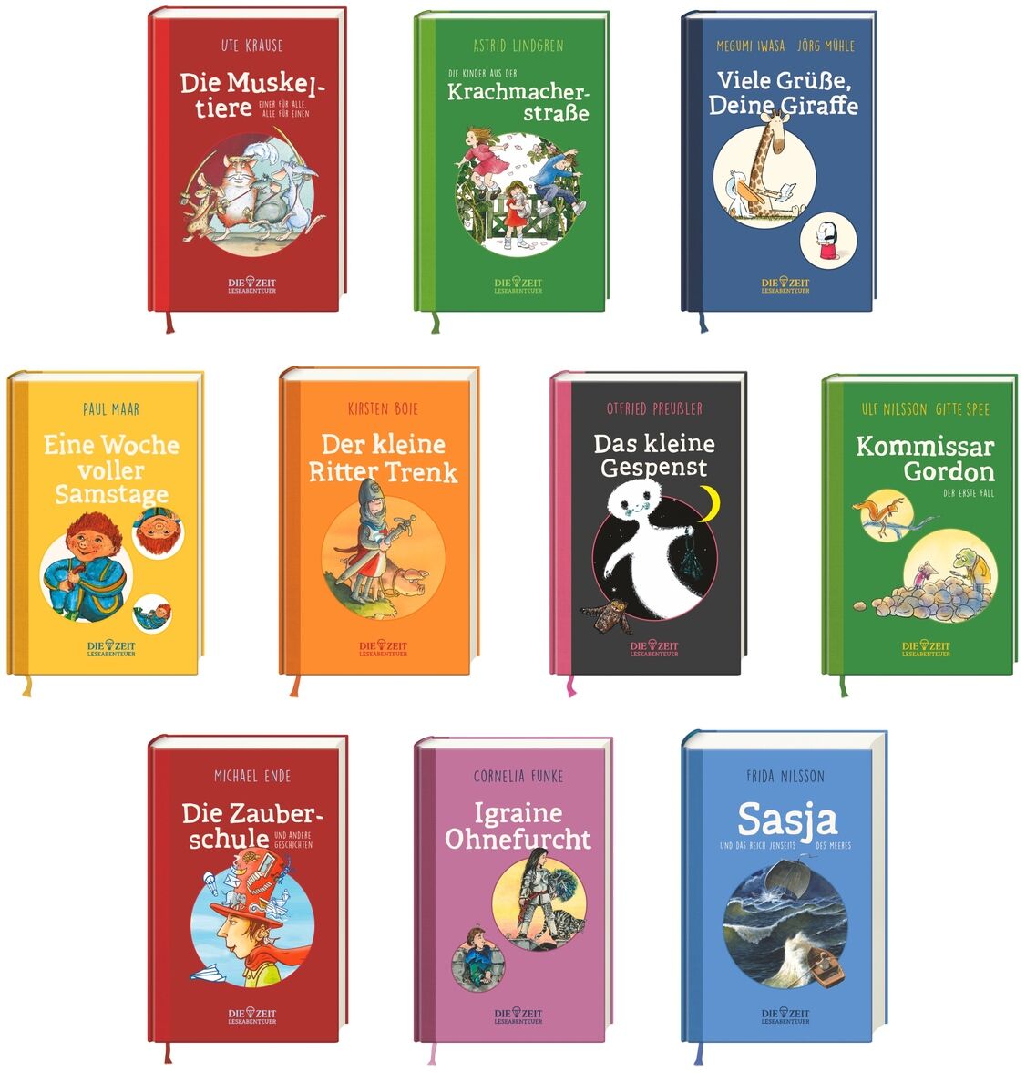 Die ZEIT-Edition »Leseabenteuer« enthält eine Sammlung farbenfroher Kinderbücher mit bunten Buchcovern, die verschiedene Titel und Illustrationen zeigen.