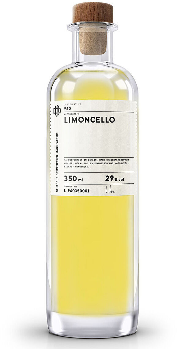 Eine 350-ml-Flasche Limoncello »960« mit gelbem Zitronenlikör, einem weißen Etikett und einem Holzkorkenverschluss.