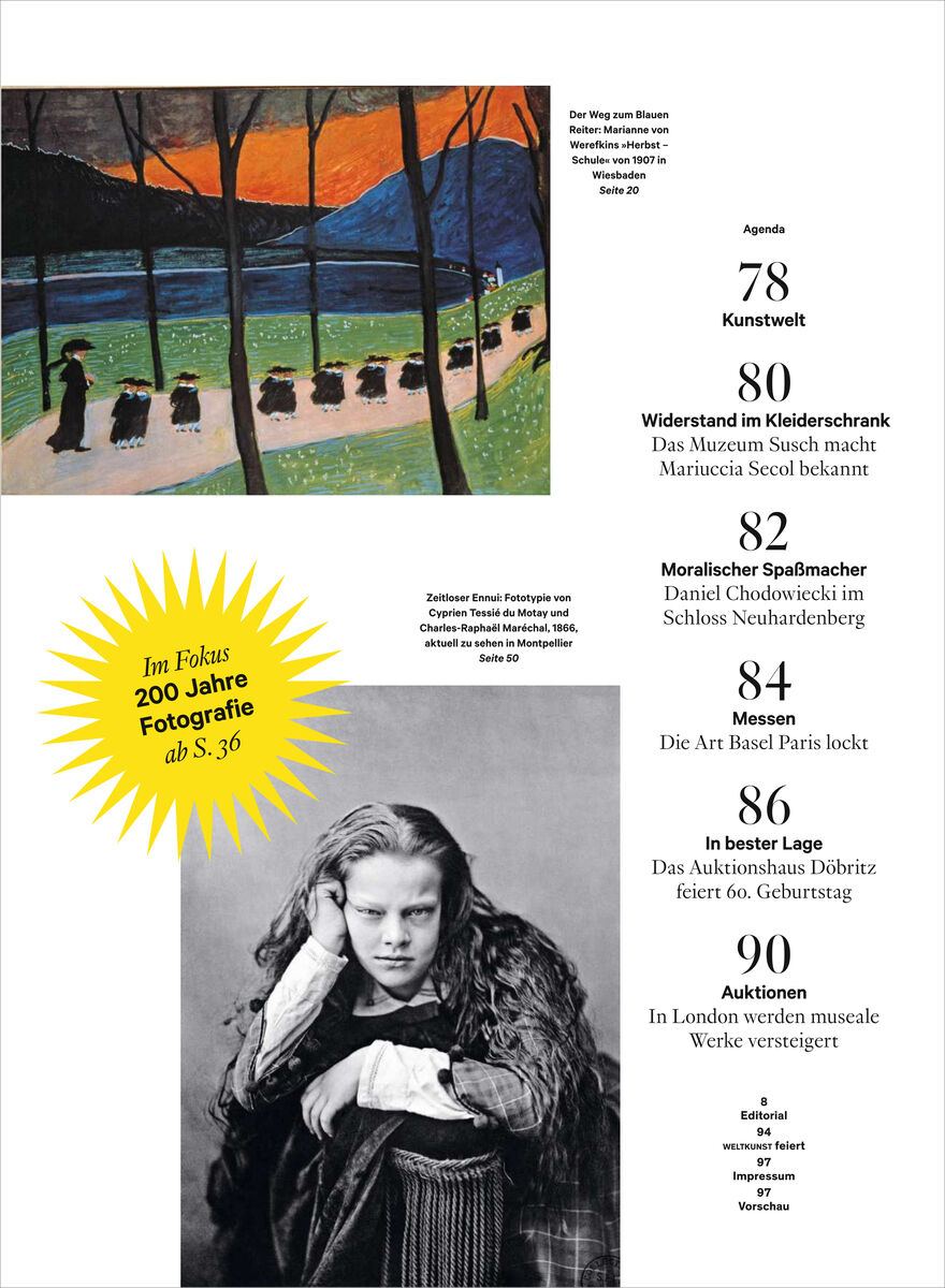 Titelseite eines Kunstmagazins mit einer farbigen Gemäldereproduktion von Edvard Munch oben, einem Schwarzweißporträt unten, einem gelben Stern mit Hinweis auf 200 Jahre Fotografie und einer Agenda mit Themen der Ausgabe auf weißem Hintergrund rechts.