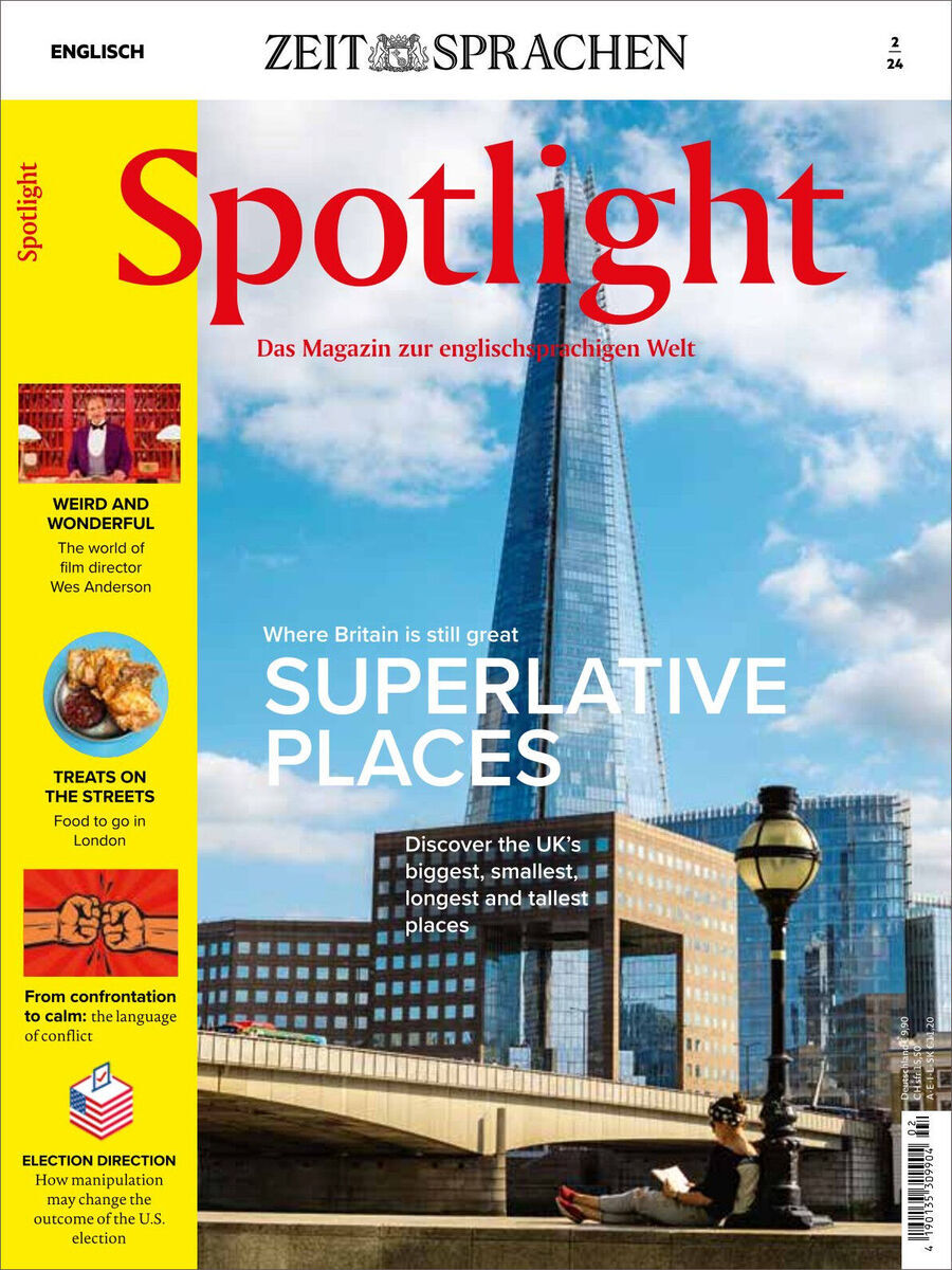 Das Cover des Spotlight Magazins 02/2024 zeigt den Titel in roten Buchstaben und ein großes Bild des 'The Shard' in London. Es bietet Themen wie 'Superlative Plätze', 'Weird and Wonderful', 'Treats on the Streets' und mehr an. Untertitel sind auf Englisch und das Magazin widmet sich der englischsprachigen Welt.