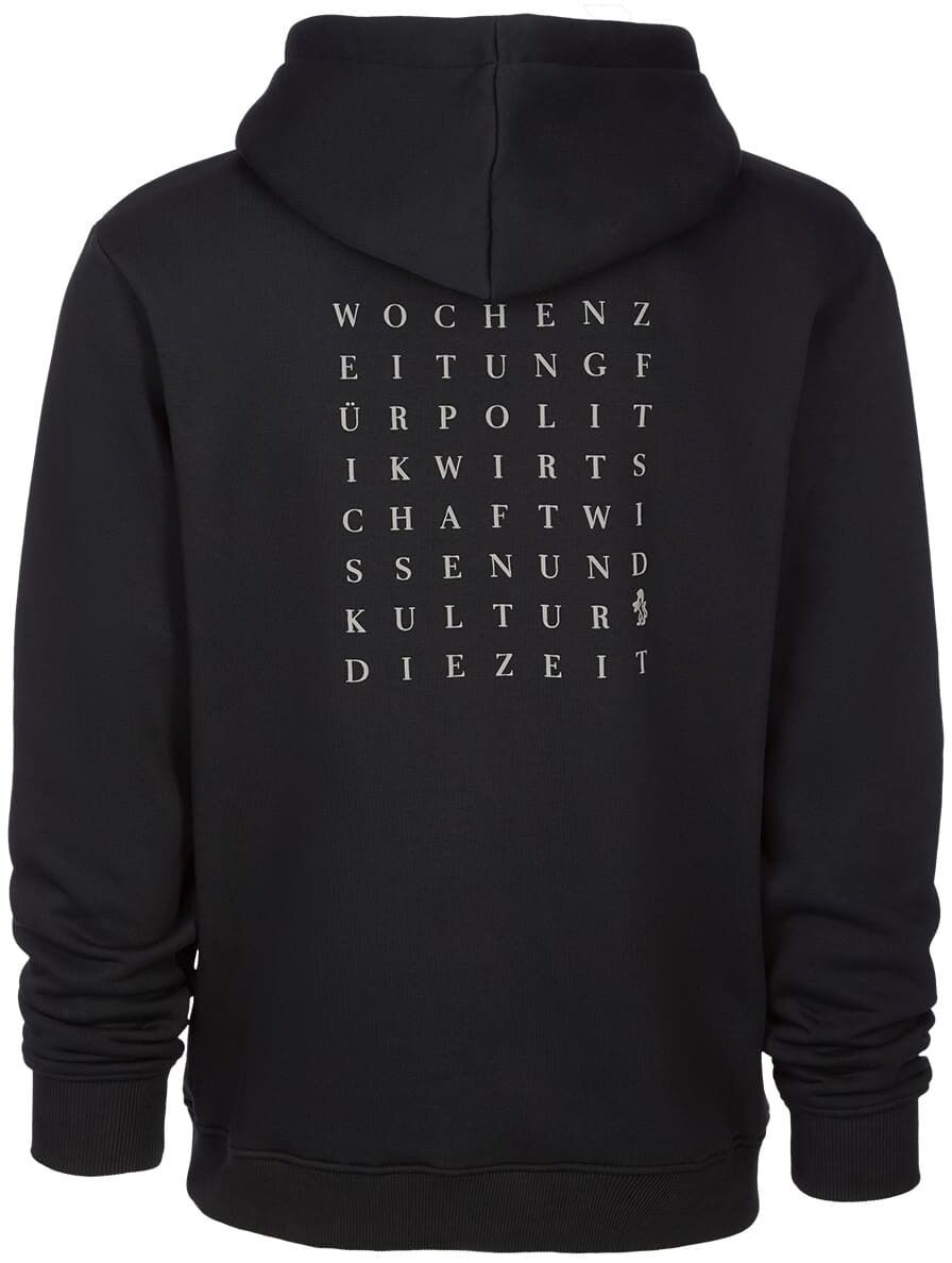 Schwarzer Hoodie der ZEIT-Kollektion »ZEIT Backprint« von Abihome in Größe XL. Auf dem Rücken steht in weißen Großbuchstaben ein vertikales Wortgitter mit Begriffen wie Wochenzeitung, Politik, Wirtschaft, Wissenschaft, Kultur und DIE ZEIT.