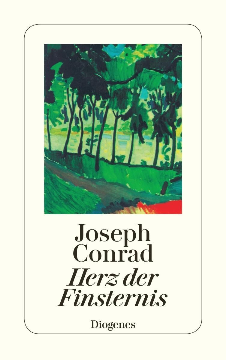 Das Buchcover von 'Herz der Finsternis' von Joseph Conrad, veröffentlicht von Diogenes Verlag, zeigt ein impressionistisches Gemälde eines dichten, grünen Dschungels mit einem klaren Himmel und Text in schwarzer Schrift darunter.
