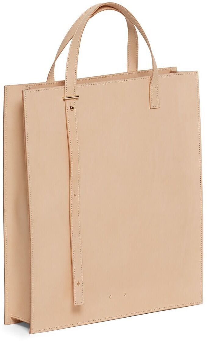 Beigefarbene Tragetasche aus Leder mit zwei Henkeln, minimalistischer Stil