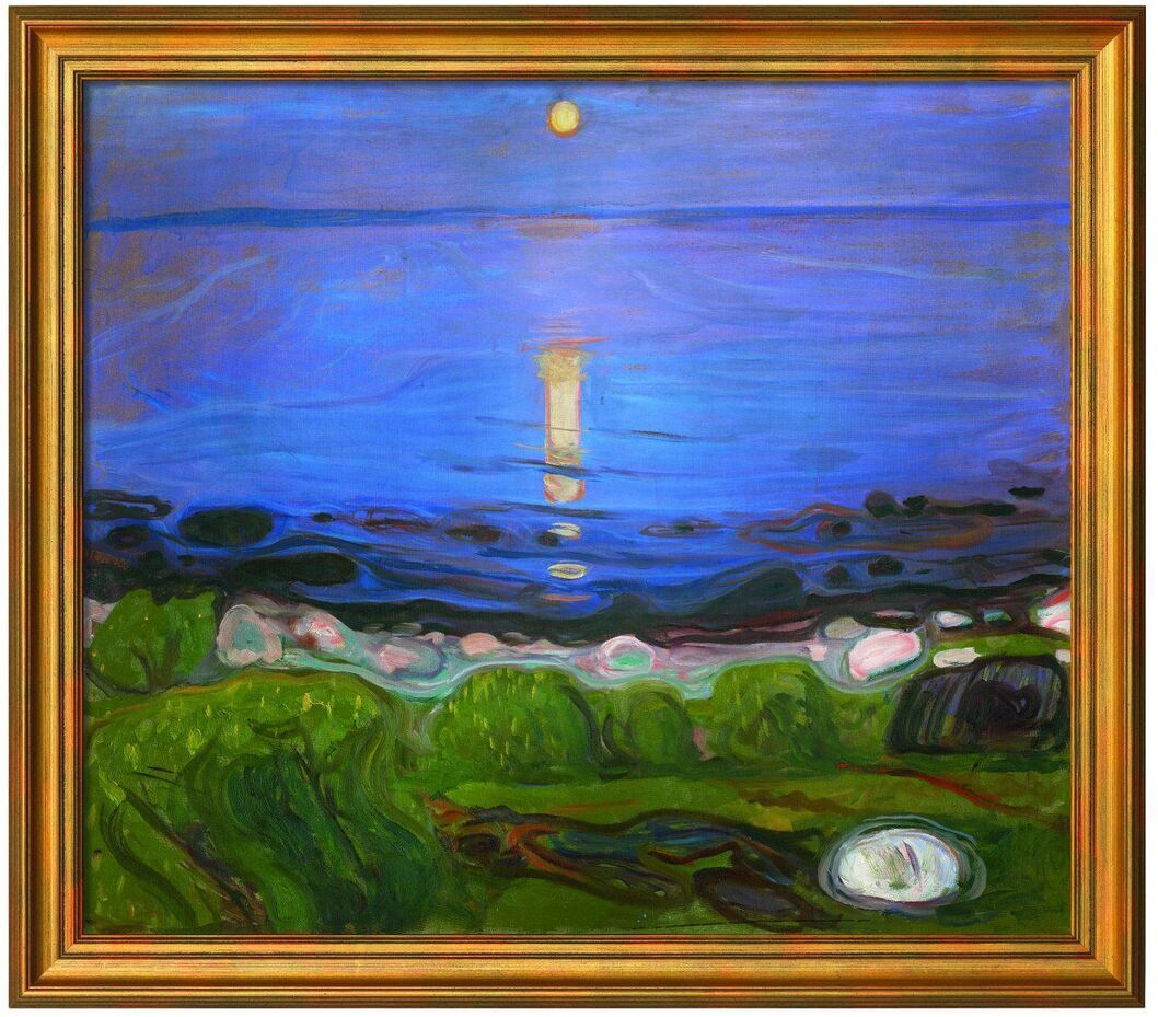 Eine Sommernacht am Strand, ein Gemälde von Edvard Munch aus dem Jahr 1902, zeigt eine Landschaft bei Nacht. Das Meer ist tiefblau und reflektiert den gelben Vollmond, der über den Horizont scheint. Im Vordergrund befinden sich grüne Büsche und Gras, sowie ein weißer, runder Stein.