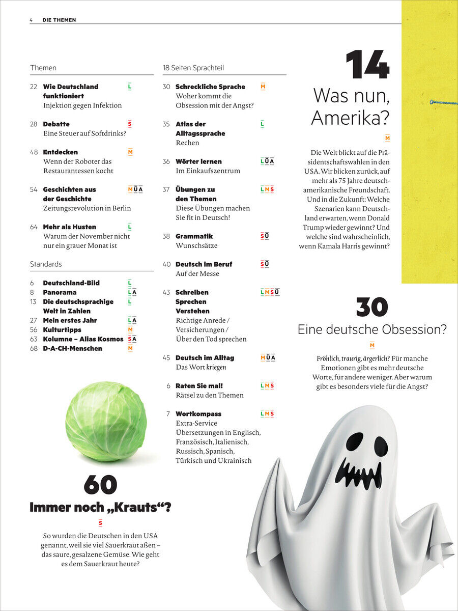 Cover des Deutsch perfekt Magazins Ausgabe 13/2024 mit verschiedenen Artikeln zu Themen wie Amerika, deutsche Obsessionen und einem grünen Kohlbild. Eine Illustration eines freundlichen Geistes ist ebenfalls zu sehen.