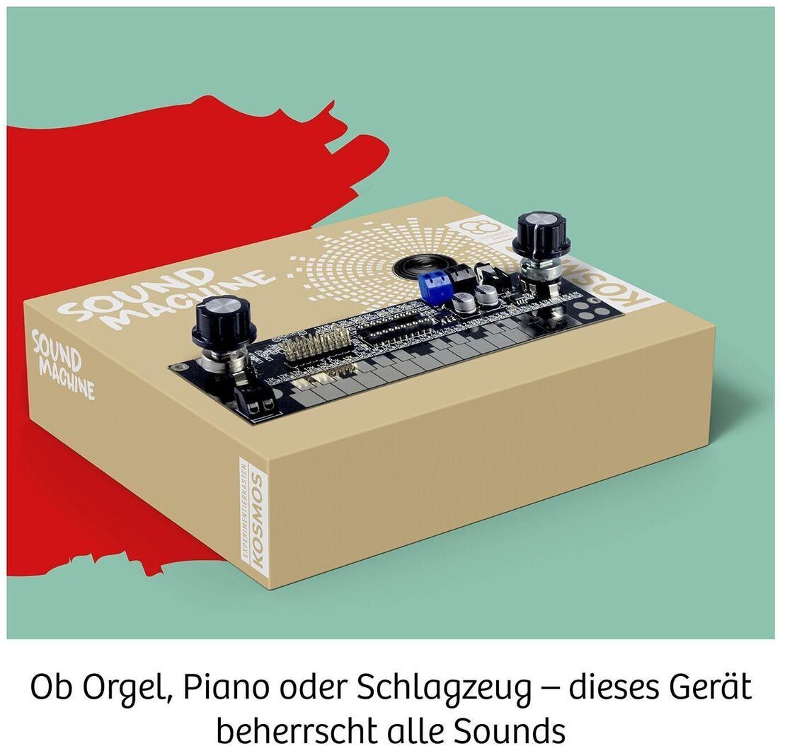 Das Bild zeigt eine Sound Machine, ein elektronisches Gerät zum Erzeugen von Musik. Das Gerät ist in einer beigefarbenen Schachtel verpackt. Es verfügt über mehrere Schalter und Bedienelemente auf einer schwarzen Platine. Der Hintergrund ist in Pastellfarben gehalten, mit einem roten und weißen Muster.