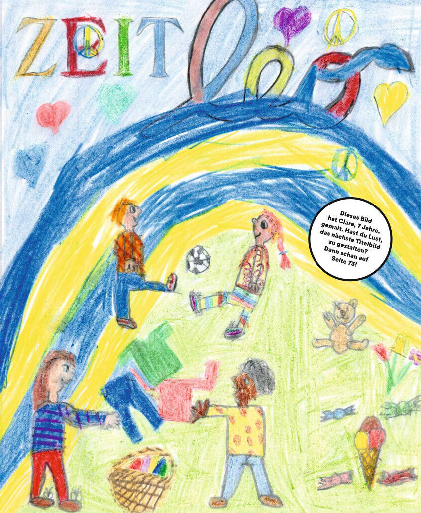 Ein buntes handgezeichnetes Kinderbild zeigt fünf Kinder, die auf einer Wiese spielen. Es gibt einen Regenbogen, Ballons und Bäume im Hintergrund. Die Kinder sind in verschiedenen Aktivitäten vertieft, darunter Fußball spielen, Blumen sammeln und ein Picknickkorb tragen. Oben steht in großen farbigen Buchstaben der Titel 'ZEIT LEO 3/22 Willkommen! - ласкаво просимо!'.