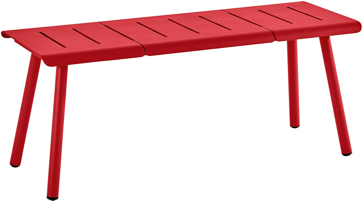 Rote Zweisitzer-Bank aus Metall, genannt „VAPIO“, mit einem einfachen und modernen Design, geeignet für den Außenbereich.