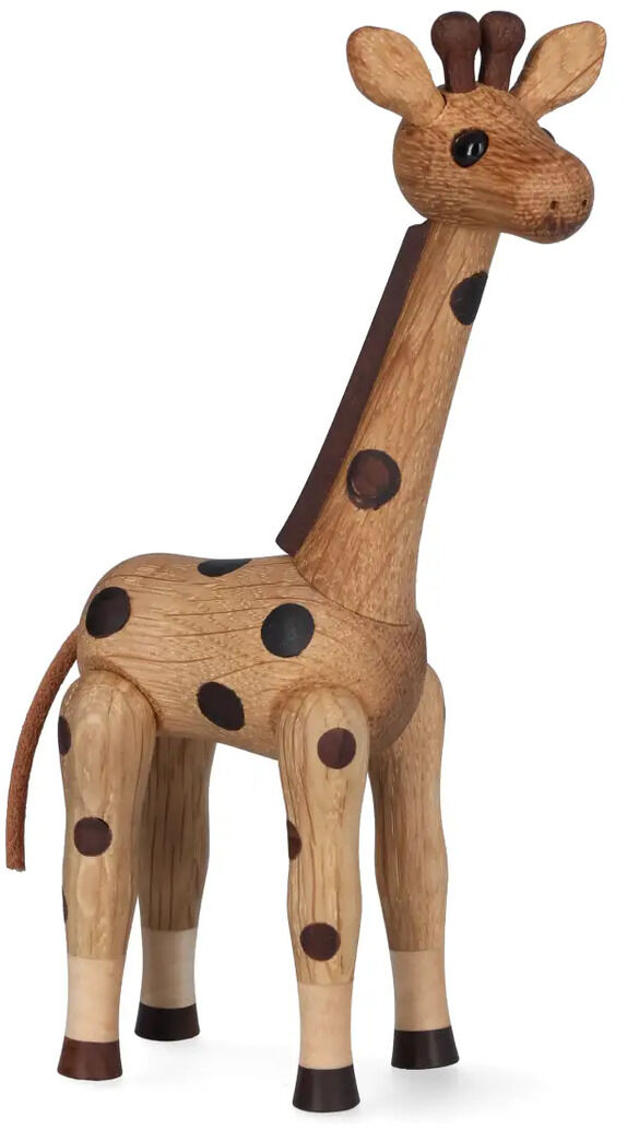 Holzfigur »Giraffe« von Spring Copenhagen, Variante Klein. Die Figur zeigt eine detailliert gestaltete Giraffe aus naturfarbenem und dunkelbraunem Holz mit beweglichen Beinen und Schwanz. Markante dunkle Punkte, langer Hals und freundlicher Gesichtsausdruck.