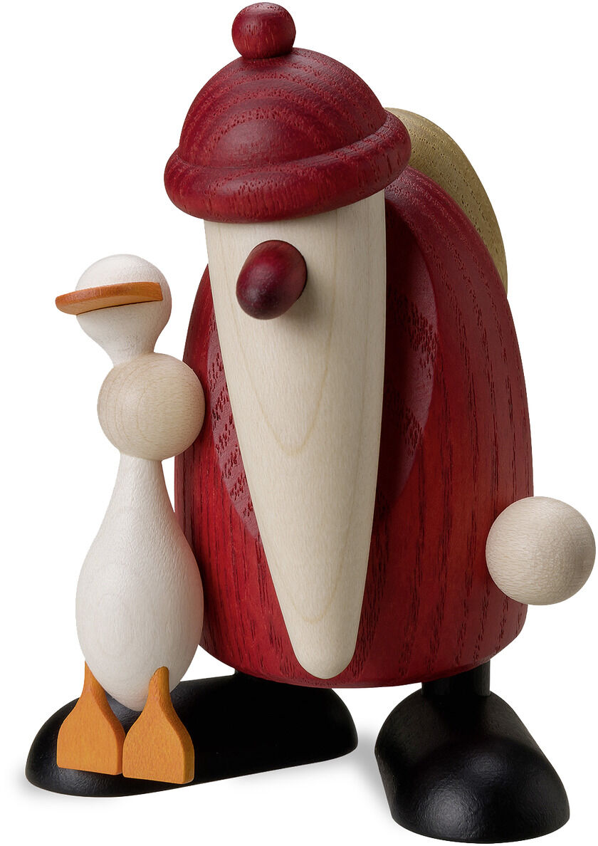 Abgebildet ist eine handgefertigte, farbenfrohe Holzfigur mit einem Weihnachtsmann und einer weißen Gans. Der Weihnachtsmann trägt rote Kleidung und eine Mütze, während die Gans neben ihm steht. Die Figur vermittelt eine festliche und winterliche Stimmung, ideal als Dekoration zur Weihnachtszeit.