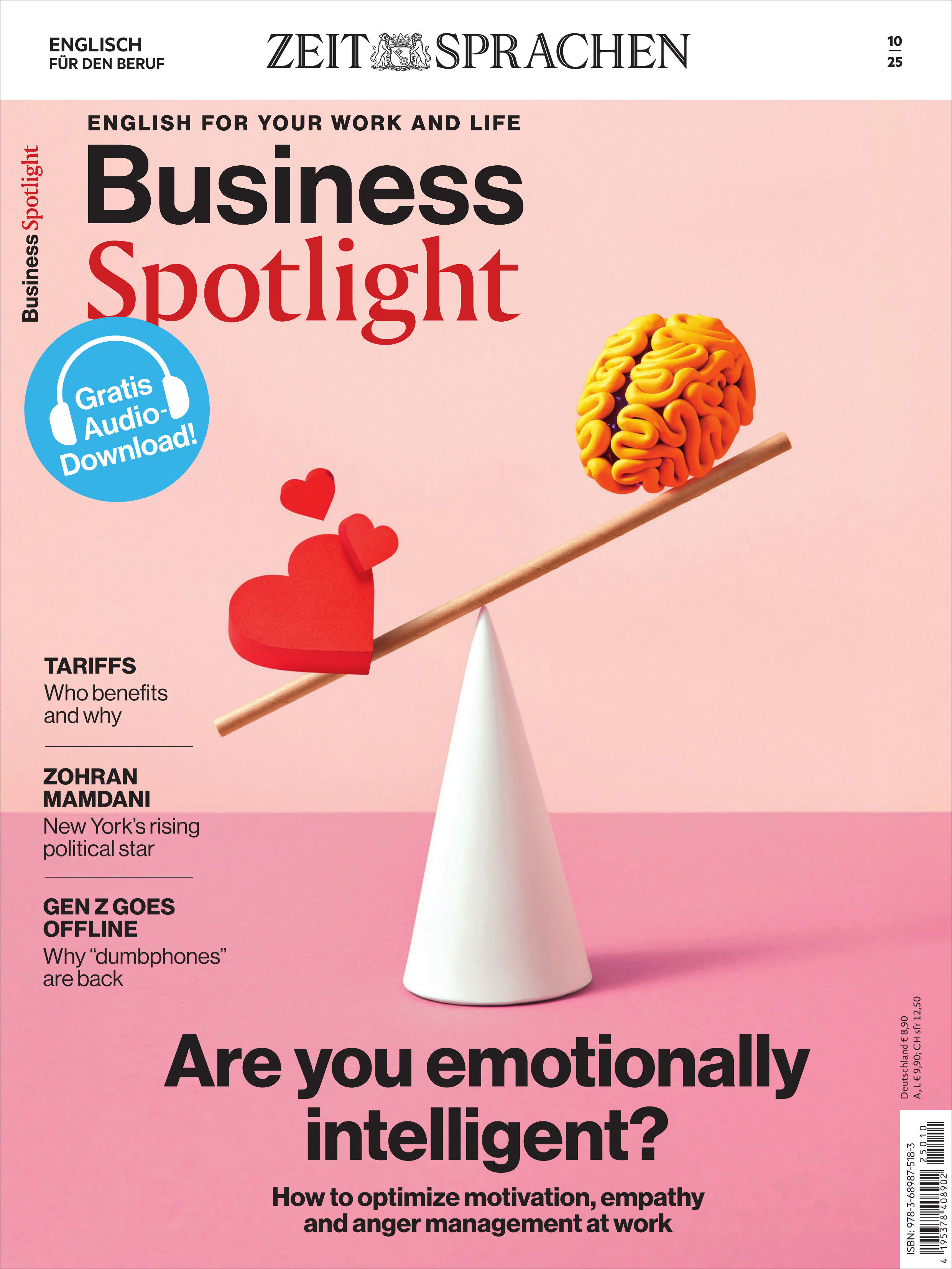 Titelbild der Zeitschrift Business Spotlight Magazin Ausgabe 10/2025 mit Schwerpunkt auf emotionale Intelligenz. Im Vordergrund sind eine weiße Kegelwippe mit einem stilisierten Gehirn und zwei Herzen auf rosa Hintergrund zu sehen. Die Titelthemen sind unter anderem Tarife, Offline-Arbeit und Empathie im Berufsalltag.