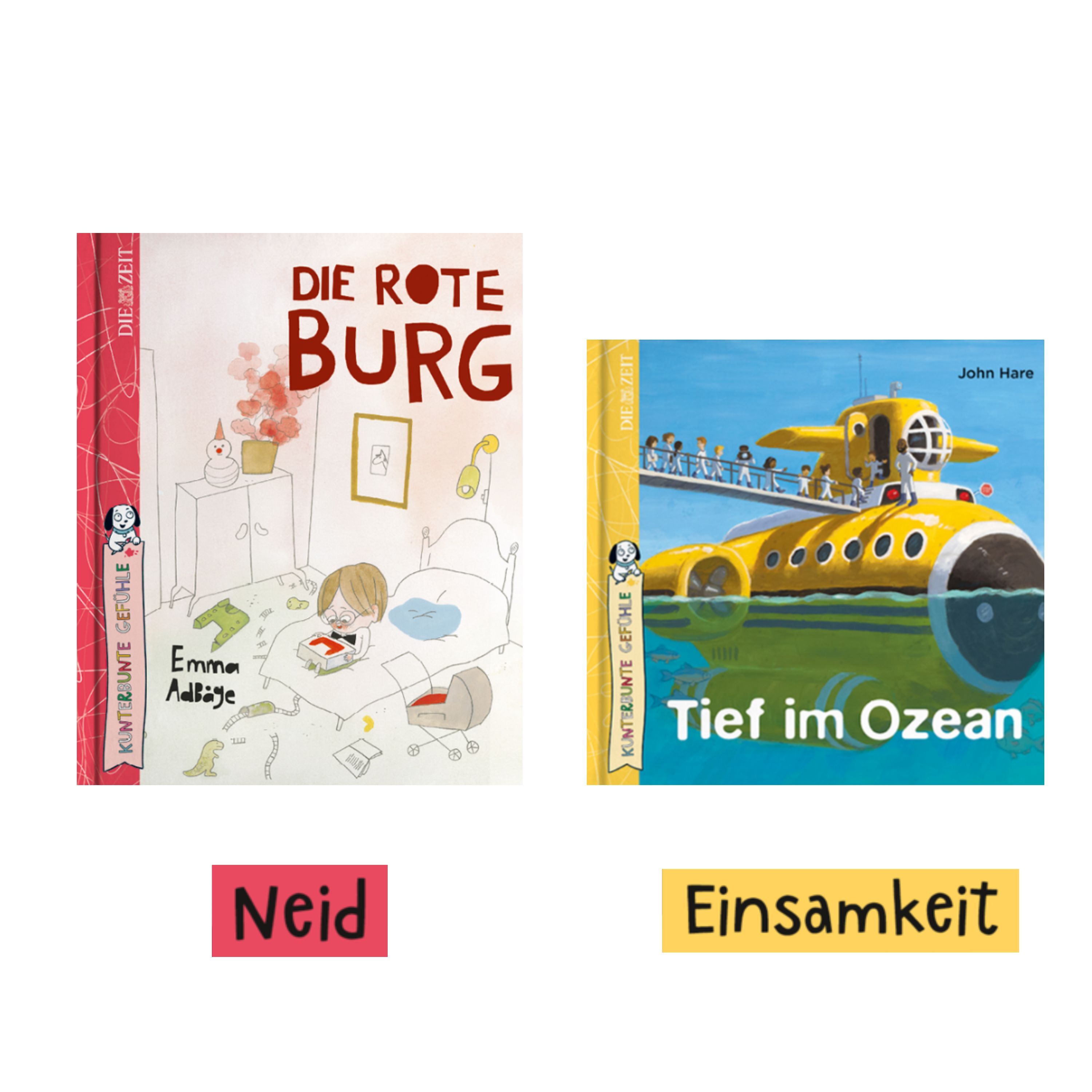 Zwei farbenfrohe Bilderbücher aus der ZEIT-Edition »Kunterbunte Gefühle«: Links „Die Rote Burg“ mit einer Illustration eines Kindes am Schreibtisch (Thema Neid), rechts „Tief im Ozean“ mit einem gelben U-Boot im Wasser (Thema Einsamkeit), auf weißem Hintergrund.