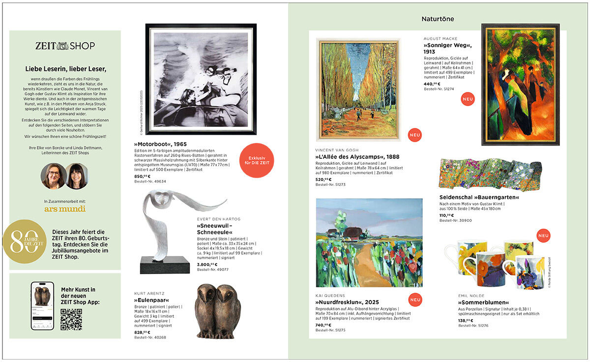 Offene Doppelseite des Katalogs "Kunst 2/2026" von DIE ZEIT. Links Begrüßung und zwei Porträts, daneben Abbildungen moderner und klassischer Kunstwerke, Skulpturen und Malerei. Rechts bunte Naturkunst, Gemälde, Blumendekor und detaillierte Produktbeschreibungen.