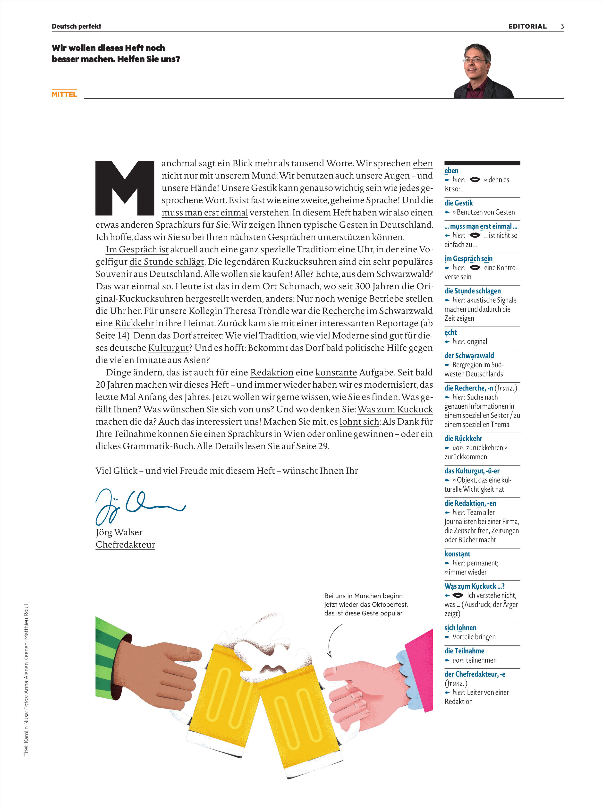 Titelseite des Deutsch perfekt Magazins Ausgabe 11/2025 mit einem redaktionellen Text, einem Foto des Chefredakteurs oben rechts und einer farbigen Illustration von drei Händen, die jeweils ein Bierglas anstoßen. Die Seite enthält zudem Rubriken- und Layout-Elemente vor weißem Hintergrund.