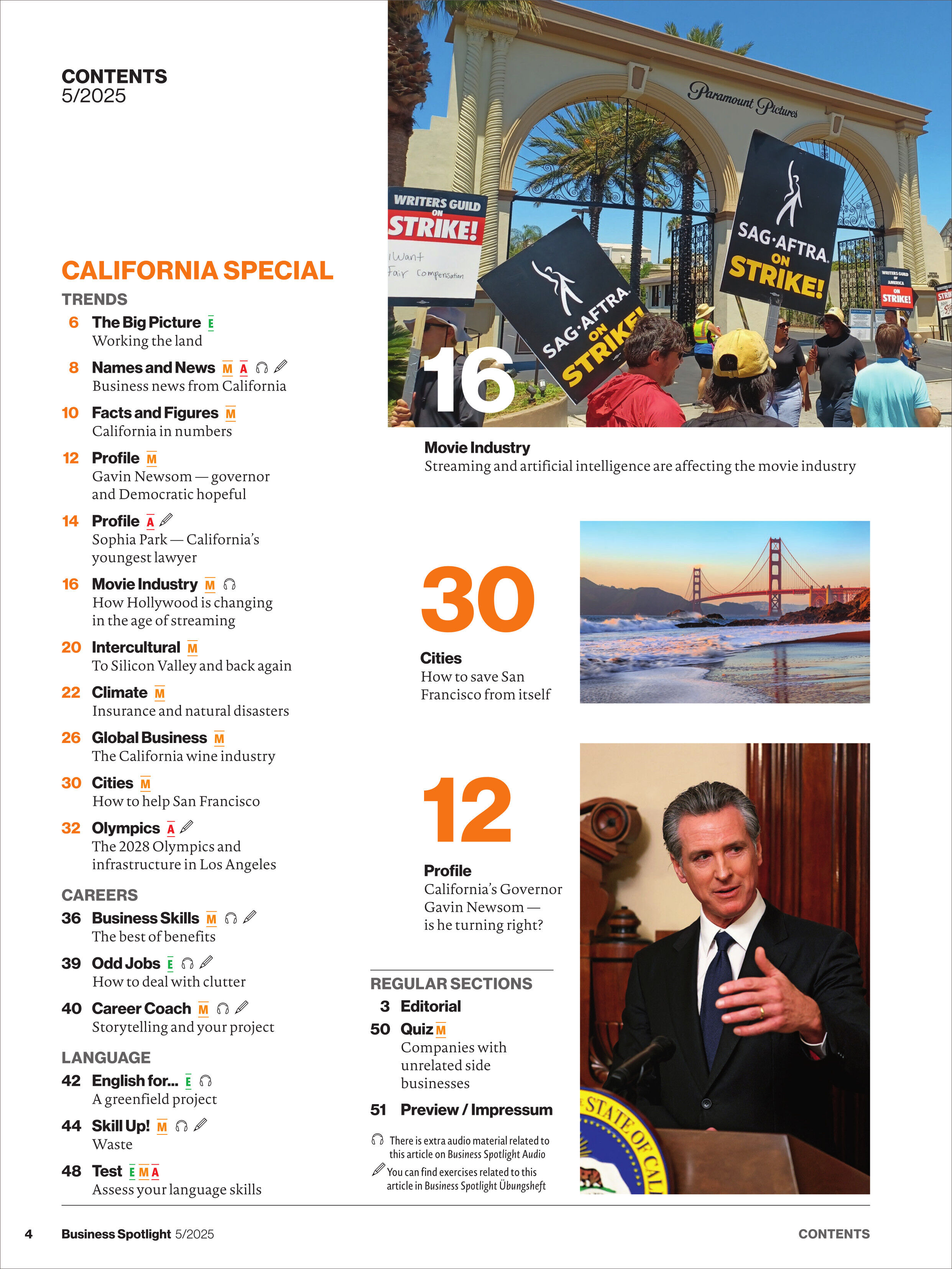 Seite des Business Spotlight Magazins 5/2025 mit dem Thema Kalifornien Spezial. Es gibt Bilder von Streikenden, eine Stadtansicht sowie eine Person, die spricht. Der Text behandelt Themen wie Filmindustrie und Künstliche Intelligenz.