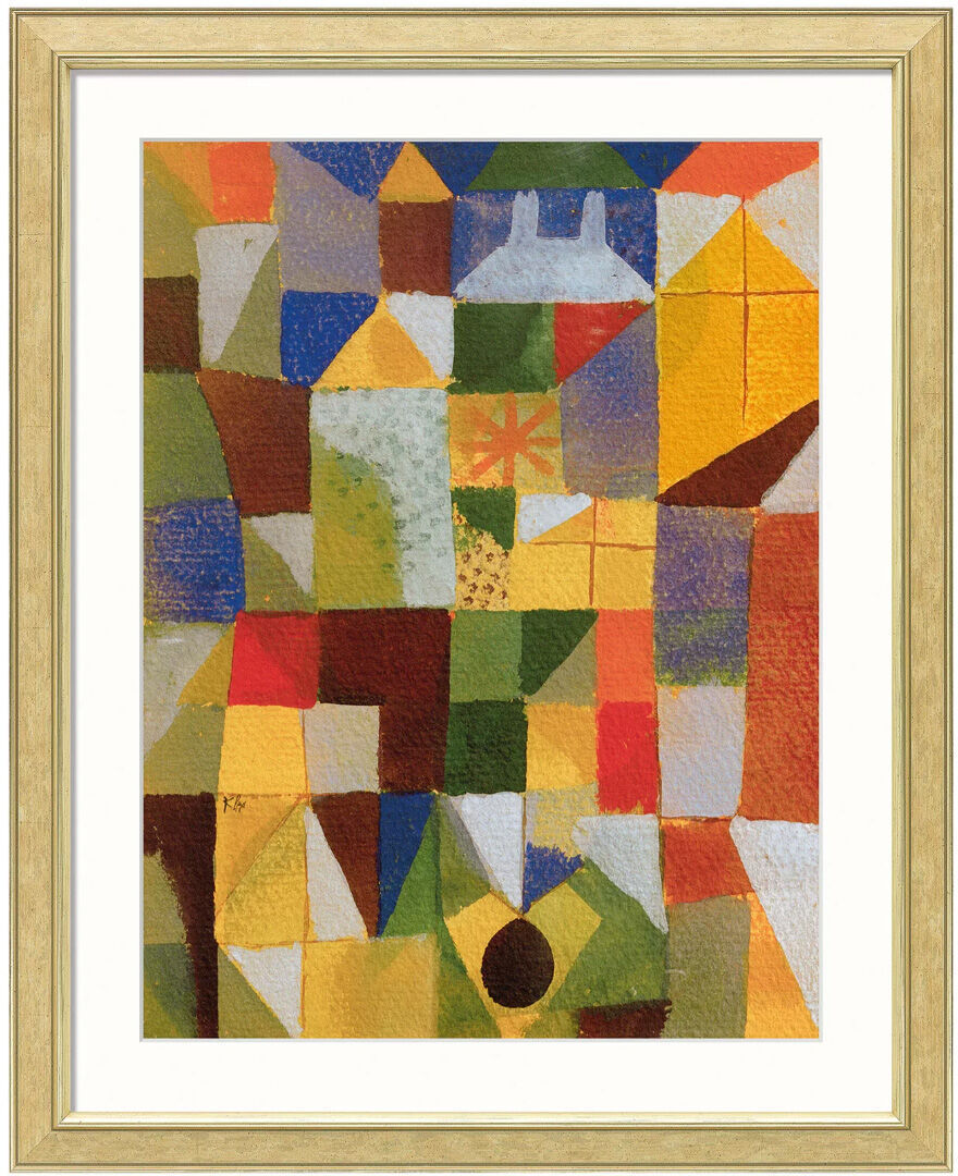 Ein abstraktes Gemälde von Paul Klee aus dem Jahr 1919 mit dem Titel »Städtische Komposition mit den gelben Fenstern«. Das Bild zeigt eine farbenfrohe Komposition aus geometrischen Formen und farbigen Feldern in Gelb, Blau, Grün, Rot, Orange, Braun, Weiß und Schwarz, die eine städtische Szene darstellen.