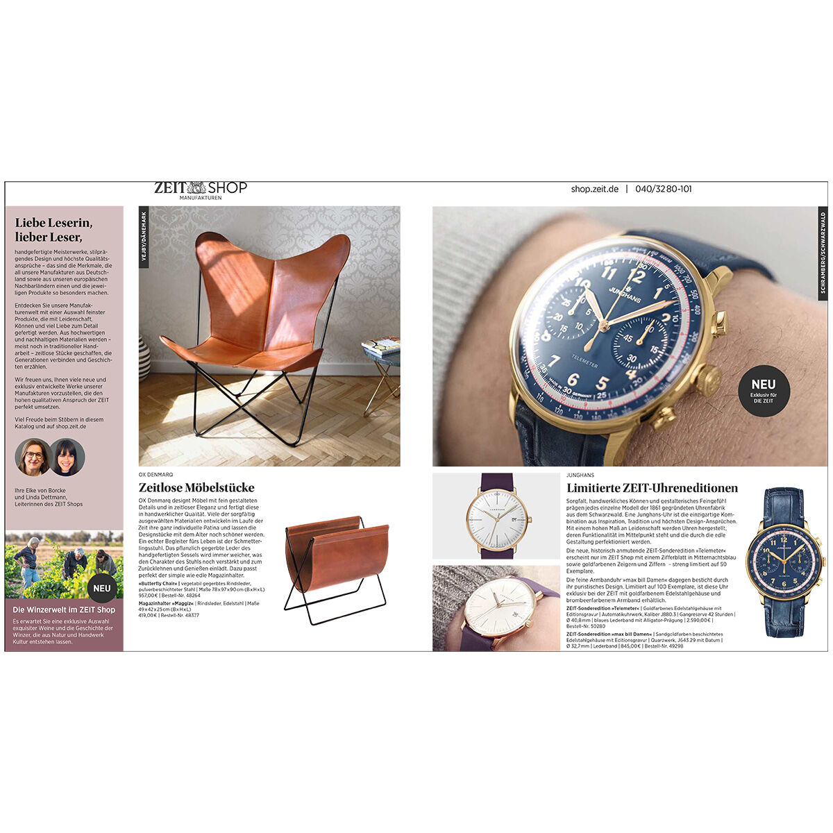 Doppelseitige Abbildung eines Katalogs mit hochwertigen Möbeln und Uhren. Links ist ein brauner Ledersessel und ein Magazinhalter auf Holzboden vor einer hell gemusterten Wand zu sehen. Rechts werden luxuriöse blaue und goldene Armbanduhren illustriert, begleitet von kurzen Beschreibungen und Preisen. Das Design wirkt edel und modern.