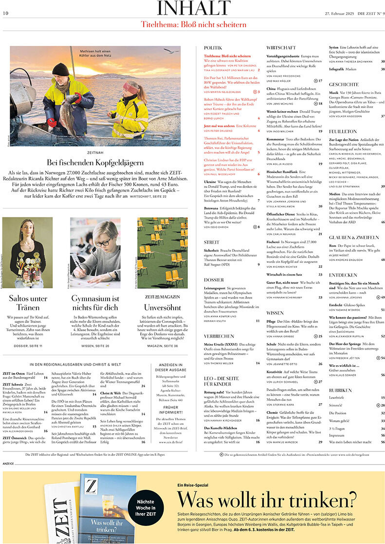 Titelseite der Zeitung DIE ZEIT vom 27. Februar 2025, Ausgabe 9/2025, mit verschiedenen Artikeln über Themen wie Fischerei und Bildung.