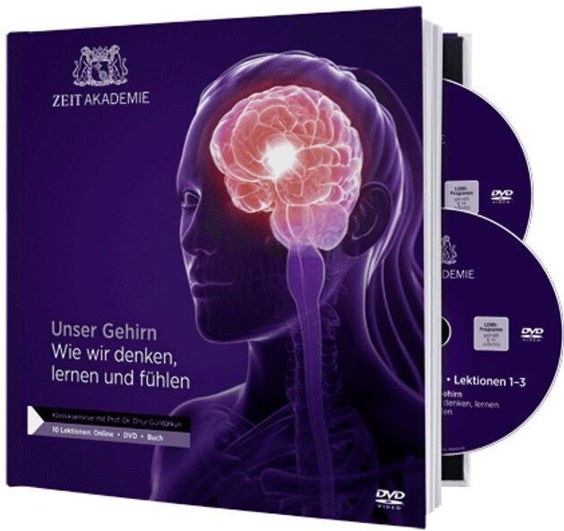 Das Bild zeigt das Produkt 'Unser Gehirn' Seminar der Zeit Akademie. Es umfasst ein Buch und zwei DVDs mit den Themen Denken, Lernen und Fühlen, illustriert mit einem Bild eines menschlichen Gehirns vor einem lila Hintergrund.