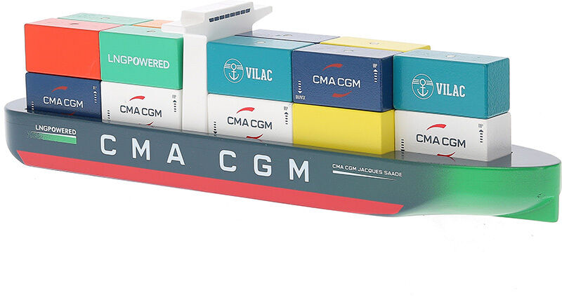 Dieses Bild zeigt ein Modell eines Containerschiffs mit mehreren farbigen Containern auf seinem Deck. Das Schiff trägt den Namen 'CMA CGM' und die Container sind in den Farben Blau, Grün, Weiß, Rot, Orange und Gelb gehalten. Es handelt sich um ein detailliert gearbeitetes Modell, das als Dekoration oder Sammlerstück verwendet werden kann.