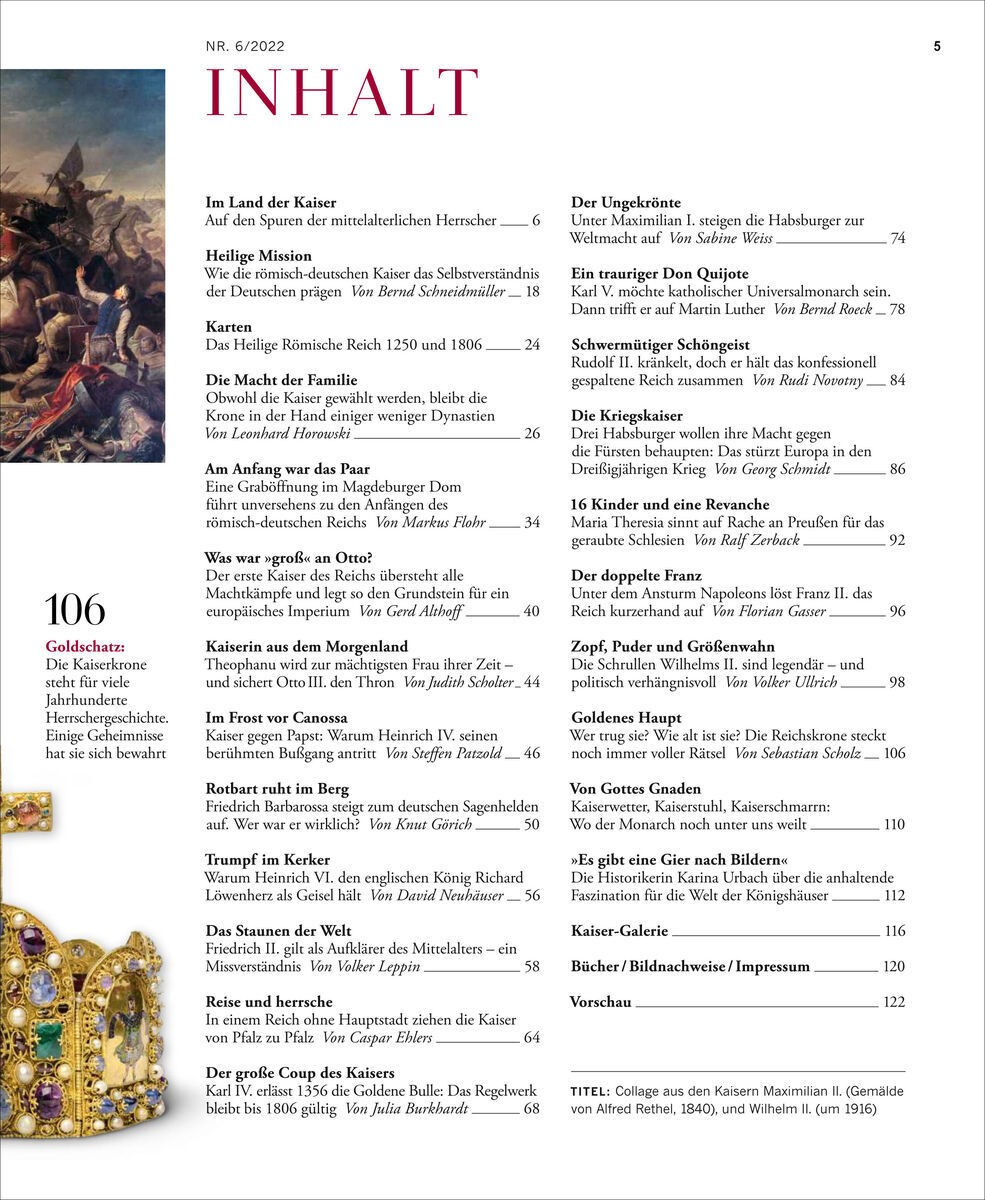 Inhaltsverzeichnis der Zeitschrift ‚ZEIT Geschichte‘ Ausgabe 6/2022, Die Deutschen Kaiser, mit einer Übersicht der Artikel und einem Bild einer Krone auf der linken Seite.