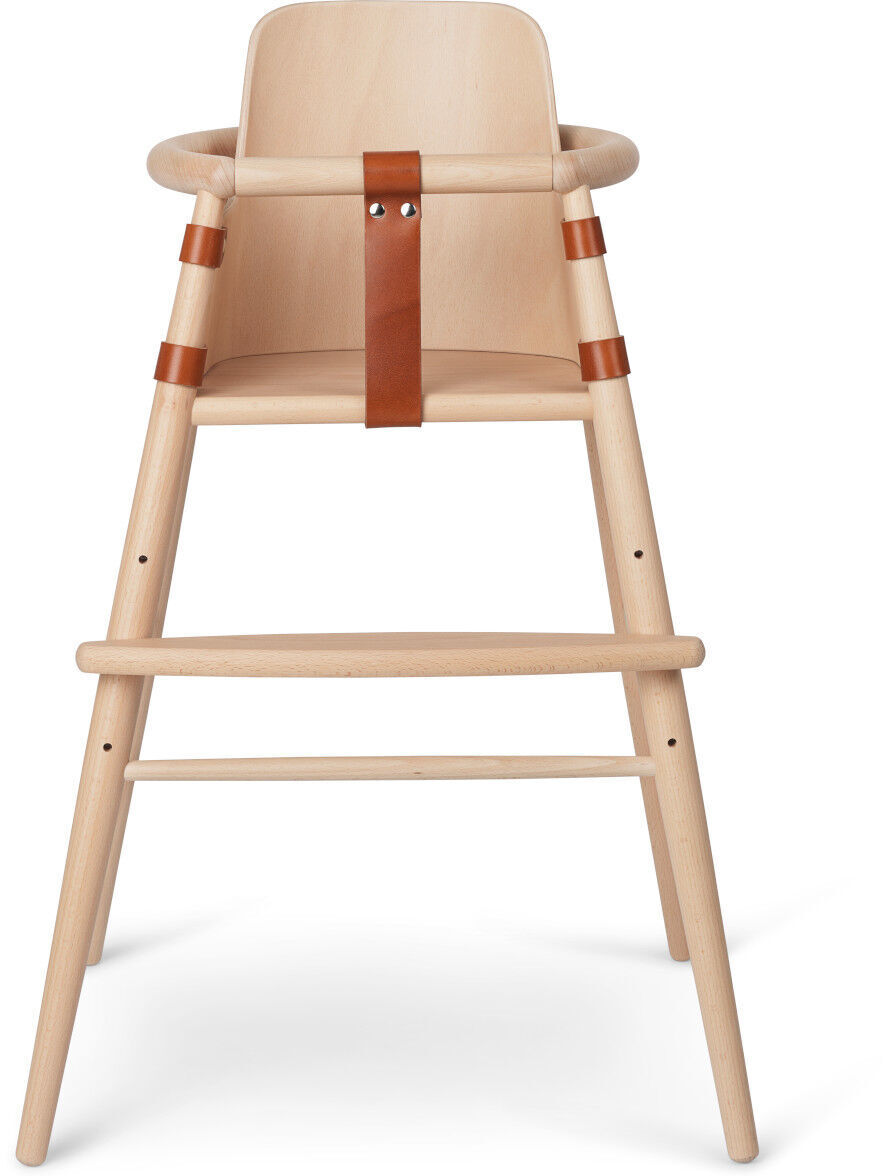 Ein Baby-Einsatz für einen Kinderhochstuhl, aus hellem Holz gefertigt, mit braunen Lederriemen zur Sicherung. Der Stuhl hat eine stabile und ergonomische Struktur und ist ideal für Kleinkinder.