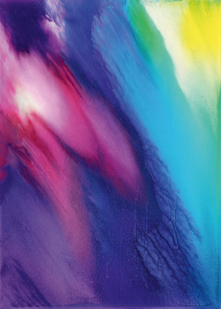 Ein abstraktes Kunstwerk von Paul Schrader mit dem Titel 'Different Cosmos II' aus der ZEIT Sonderedition. Das Bild zeigt eine dynamische Mischung aus leuchtenden Farben, darunter Lila, Blau, Pink, Gelb und Magenta, die über die Leinwand fließen und sich vermischen.