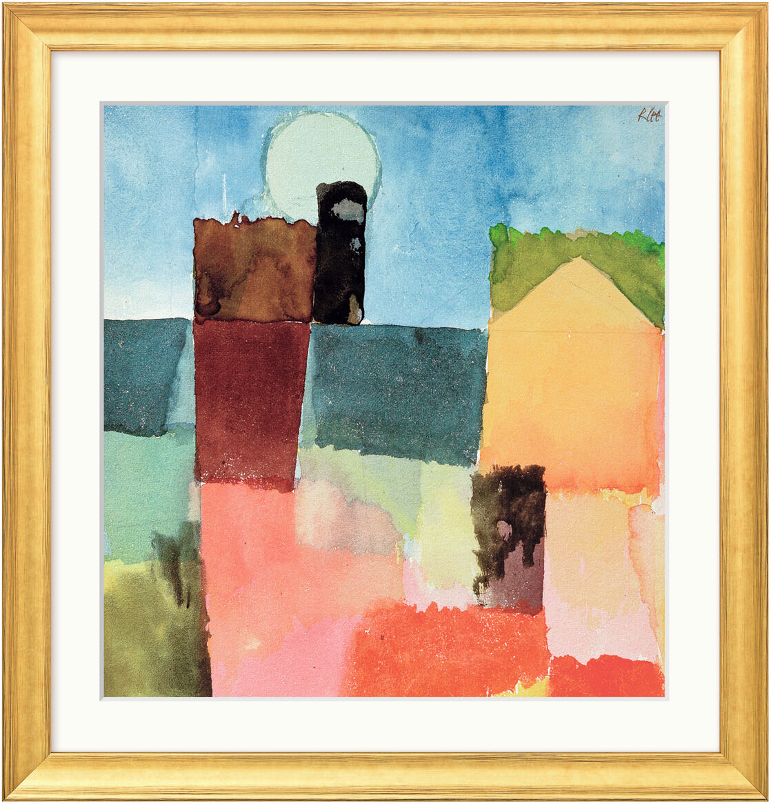 Gerahmtes Kunstwerk von Paul Klee mit dem Titel 'Mondaufgang über St. Germain' aus dem Jahr 1915. Abstrakte Landschaft mit geometrischen Formen und pastellenen Farben, zeigt einen aufgehenden Mond über einer stilisierten Stadtlandschaft.