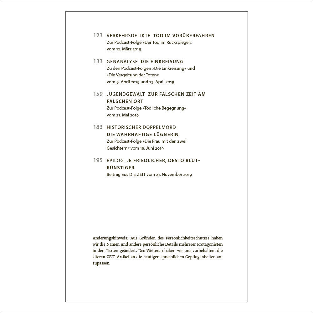 Das Bild zeigt das Cover des Paperbacks ZEIT Verbrechen. Das Cover ist weiß mit schwarzer Schrift und enthält eine Liste von Verbrechen und deren Veröffentlichungsdaten aus dem ZEIT Verbrechen Podcast.