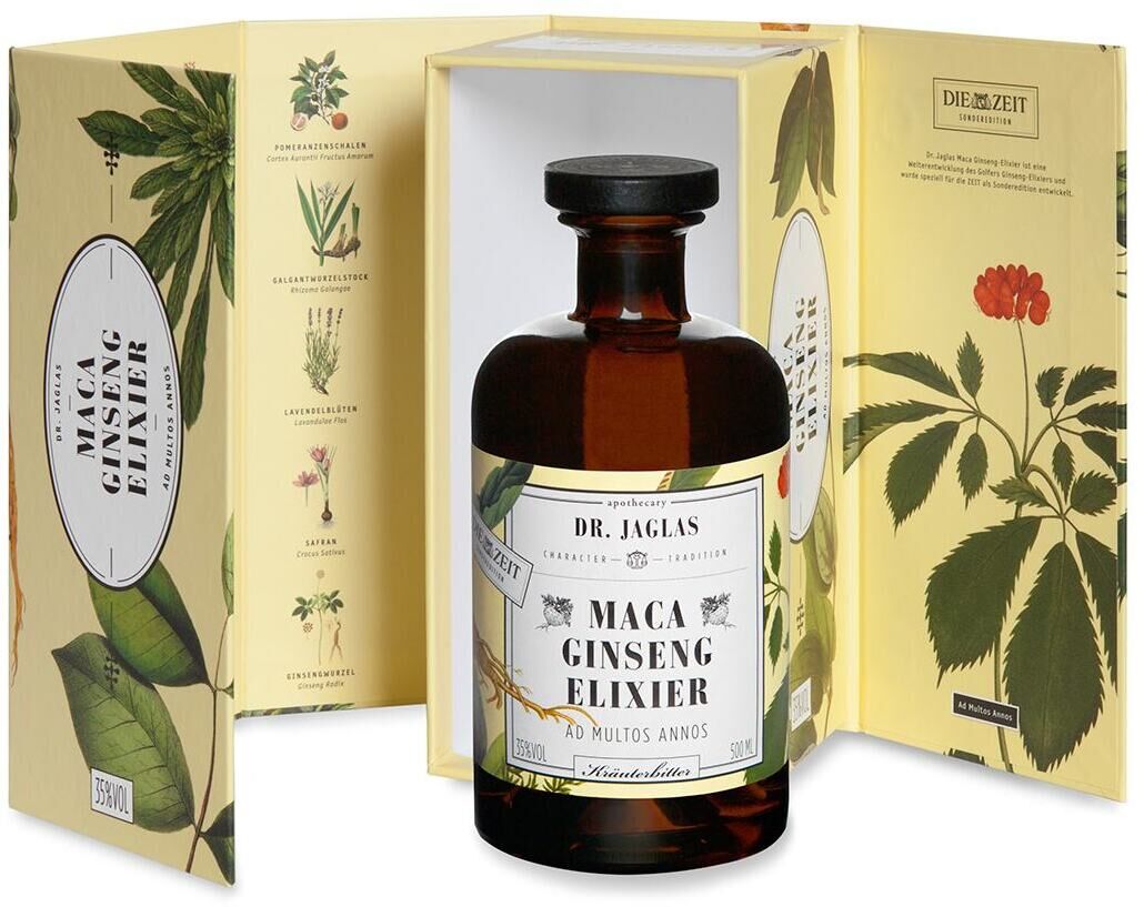 Das Bild zeigt eine Flasche »Maca Ginseng-Elixier« von Dr. Jaglas. Die Flasche ist braun mit einem weißen Etikett, auf dem die Produktinformationen stehen. Die Verpackung ist geöffnet und zeigt illustrierte Heilpflanzen. Die ZEIT-Sonderedition ist hervorgehoben.