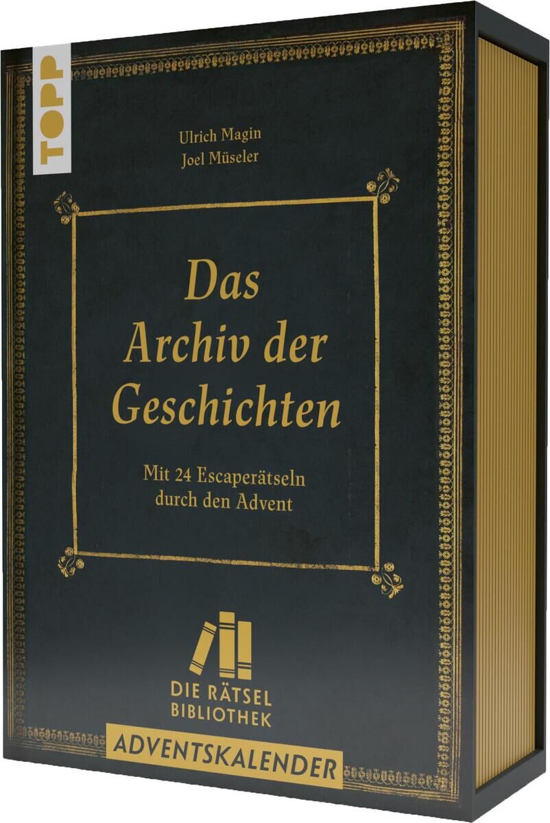 Die Abbildung zeigt den Adventskalender 'Die Rätselbibliothek. Adventskalender - Das Archiv der Geschichten: Mit 24 Escape-Rätseln durch den Advent' in einer grün-goldenen Verpackung mit einem Bücherregal-Design. Der Text auf der Verpackung ist in goldener Schrift gehalten.