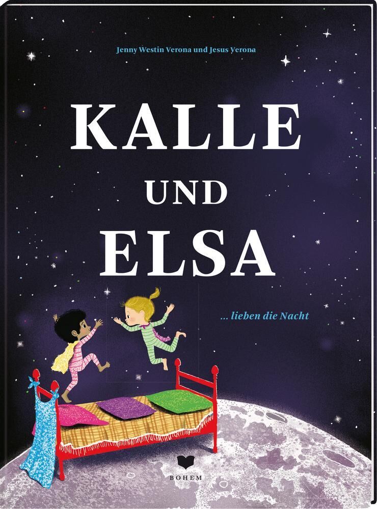 Das Buchcover des Kinderbuchs 'Kalle und Elsa lieben die Nacht' zeigt zwei Kinder in einem magischen Szenario. Kalle und Elsa springen von einem roten Bett auf einer Mondoberfläche in einem sternenklaren Nachthimmel. Der Titel und die Namen der Autoren sind in großen weißen Buchstaben geschrieben. Der Hintergrund ist dunkelblau mit funkelnden Sternen.
