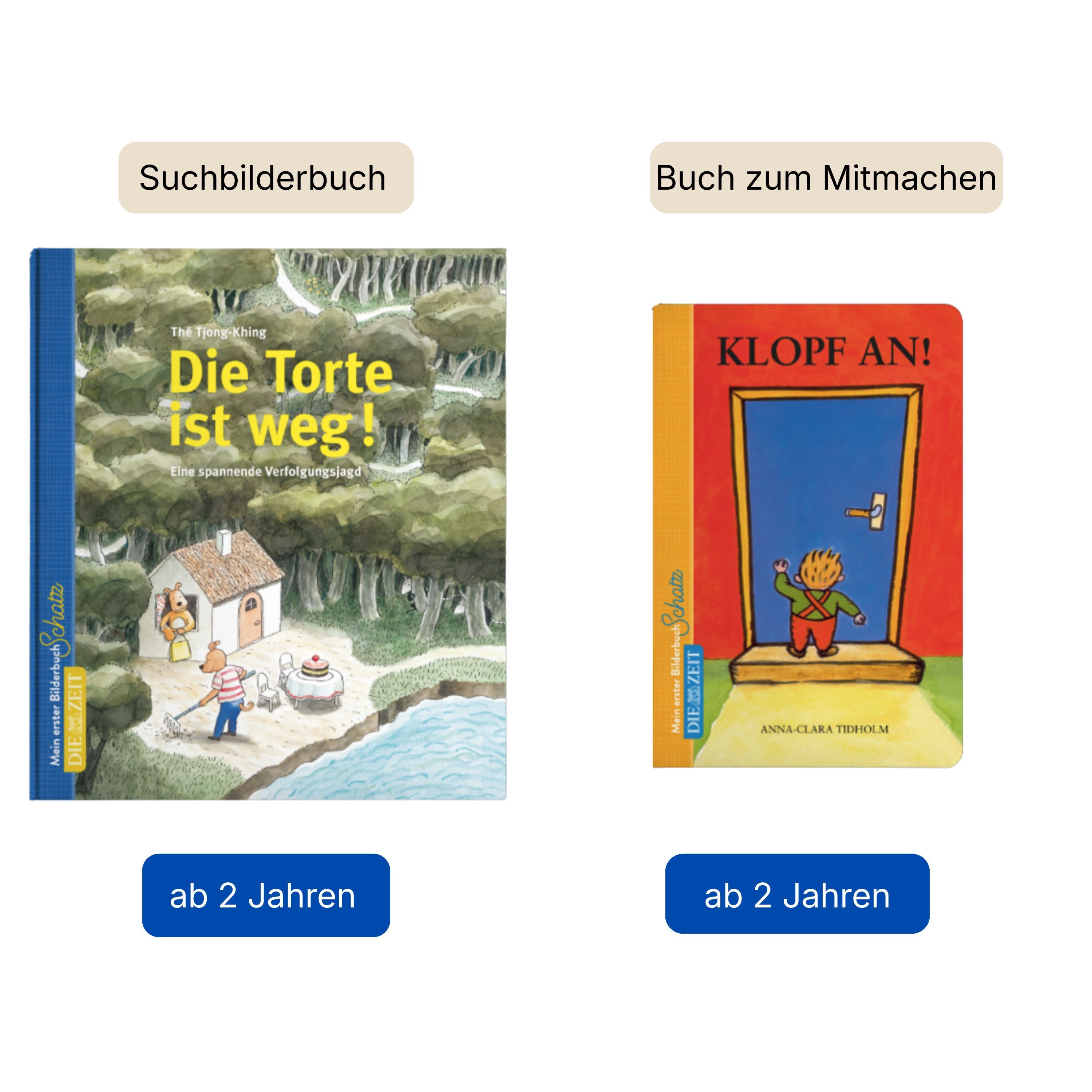 Zwei Kinderbücher ab 2 Jahren sind nebeneinander abgebildet. Links: Das Suchbilderbuch "Die Torte ist weg!" mit wimmeliger, naturreicher Coverillustration und gelber Schrift. Rechts: Das Buch zum Mitmachen "Klopf an!" mit orangerotem Einband, einem Kind vor einer blauen Tür und gelber Schrift.