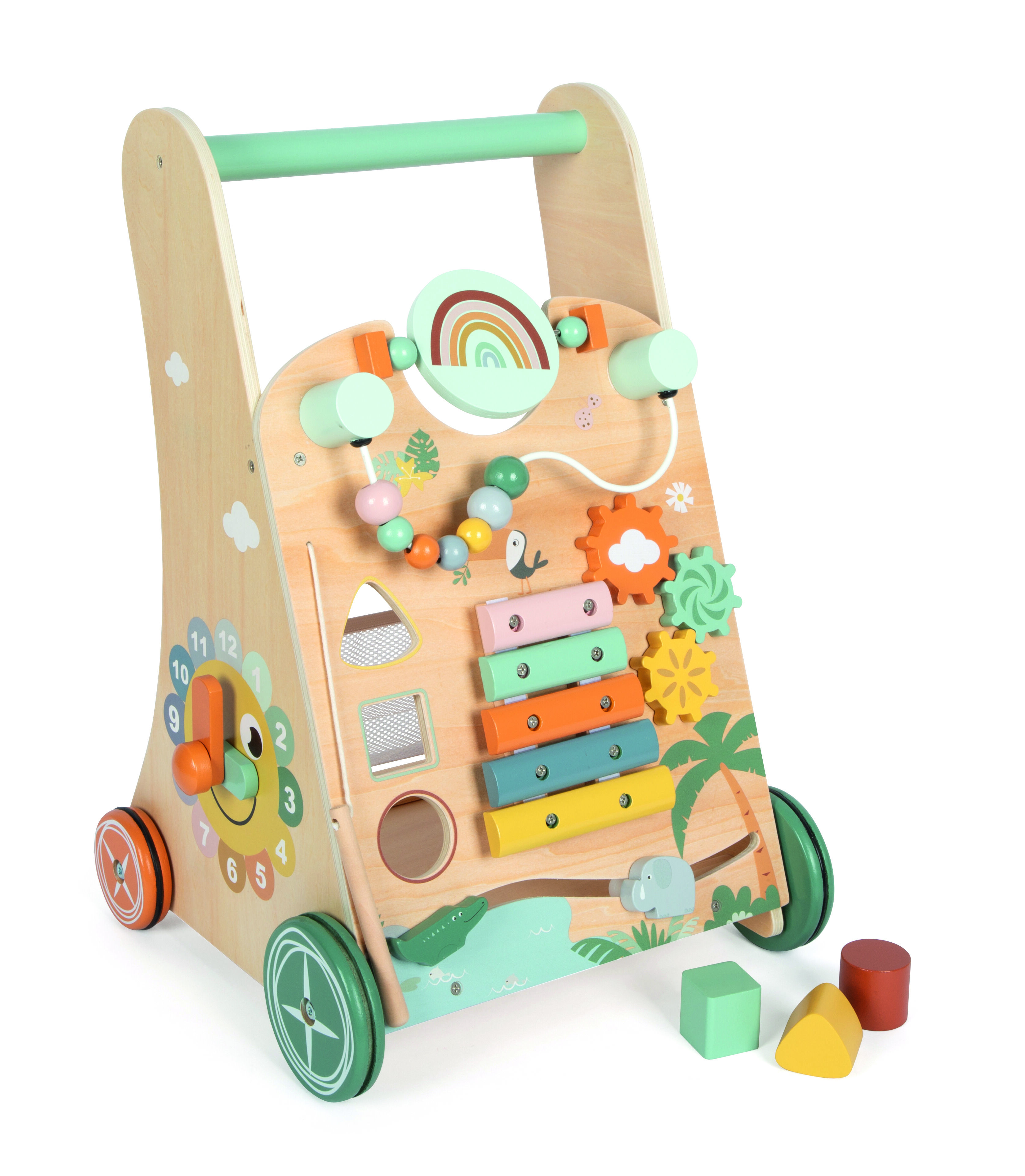 Holz-Lauflernwagen mit Safari-Motiv, vielfältigen Motorik- und Musikspielen, bunten Holzformen und Rädern, ideal für Kleinkinder zur Förderung der Motorik und Lernfreude.