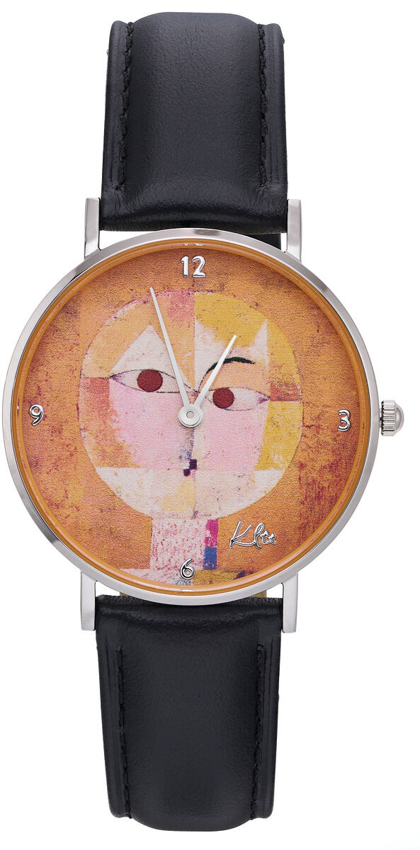 Künstler-Armbanduhr »Baldgreis« nach Paul Klee. Die Uhr zeigt ein abstraktes Kunstwerk mit einem farbigen Ziffernblatt in Orange, Lila und Rosé. Sie hat ein schwarzes Lederarmband und eine silberne Gehäusefassung.